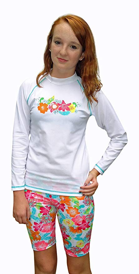 Sun Emporium Girls Long Sleeve UV Sun Protective Rash Guard Swim Shirt and Shorts 2 -piece Set- UPF/SPF Protection