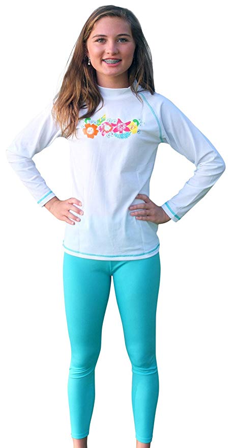 Sun Emporium 2-piece UV Sun Protective Long Sleeve Swim Shirt and Tights Swimwear Set for Girls- UPF/SPF Protection - sizes 4-14.